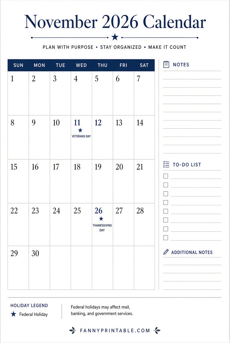 Free November 2026 Calendar Printable Portrait