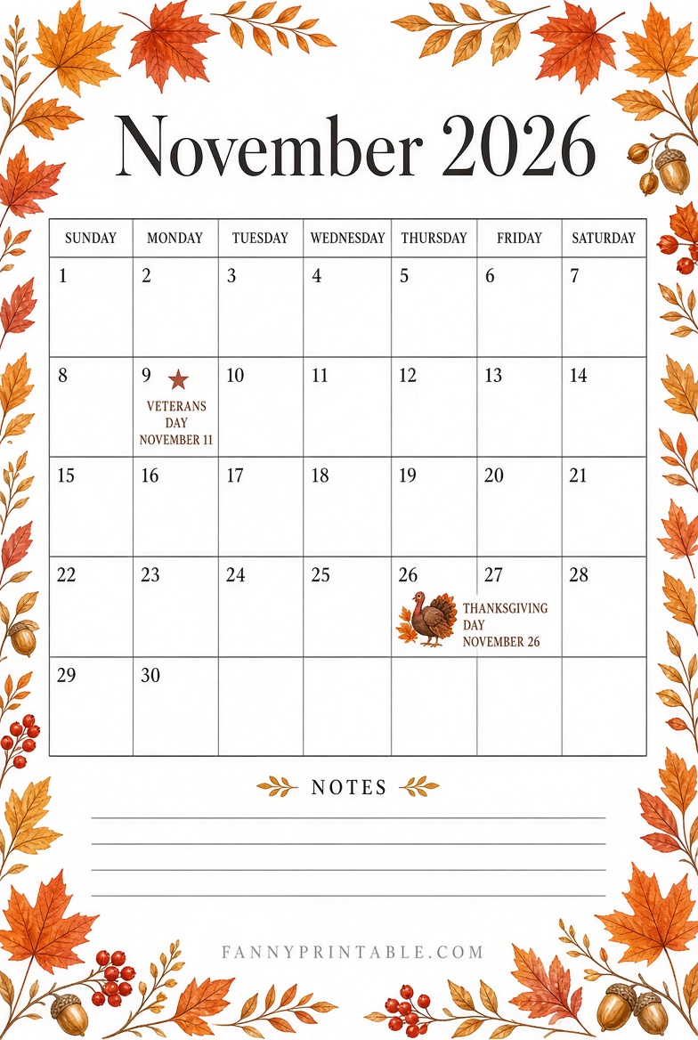 Free November 2026 Calendar Printable Portrait
