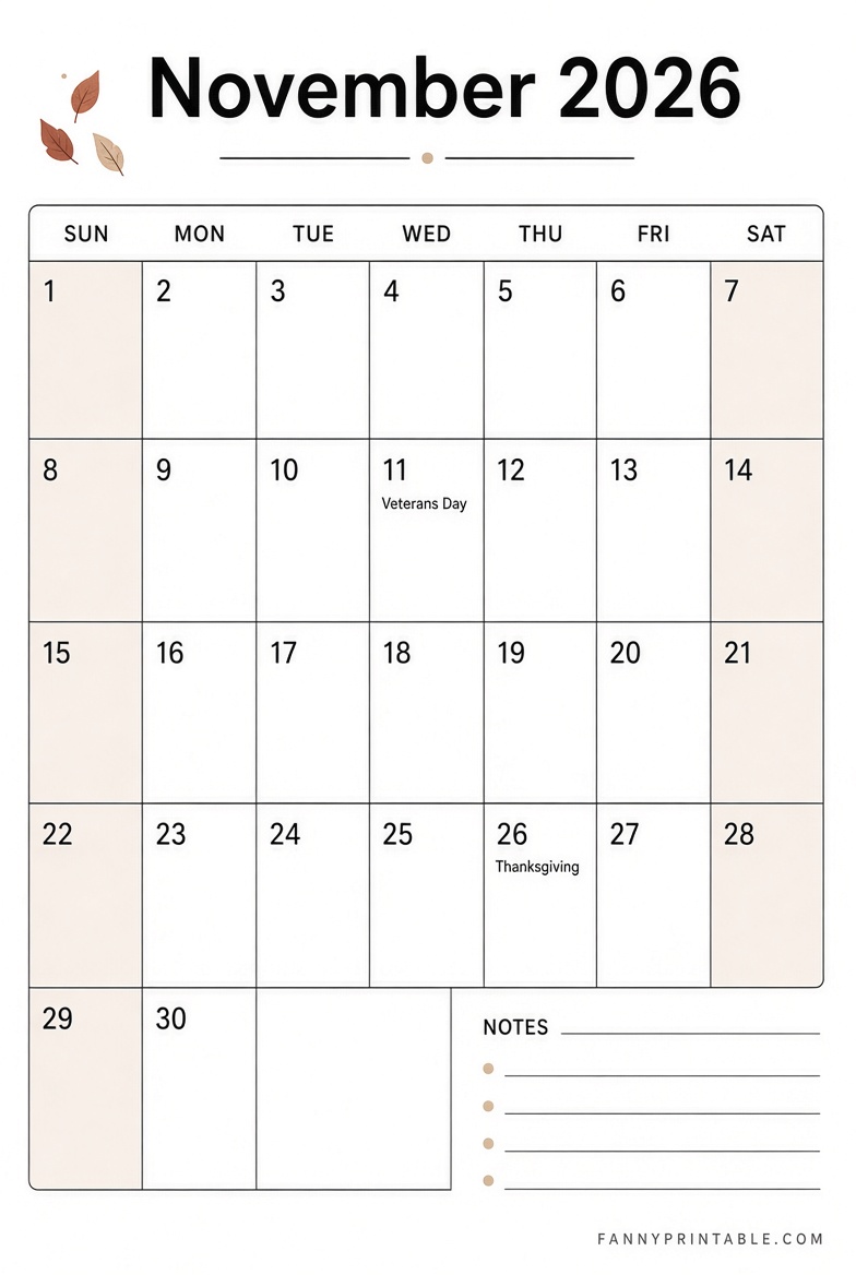 Free November 2026 Calendar Printable Portrait