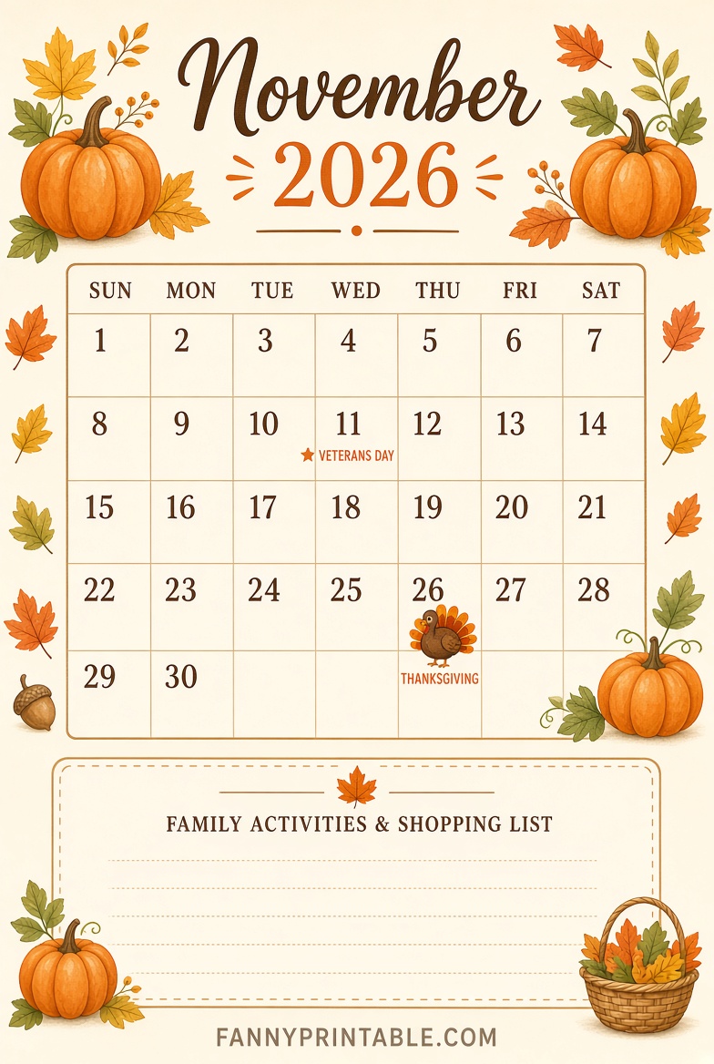 Free November 2026 Calendar Printable Portrait