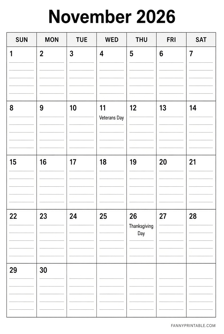 Free November 2026 Calendar Printable With Lines