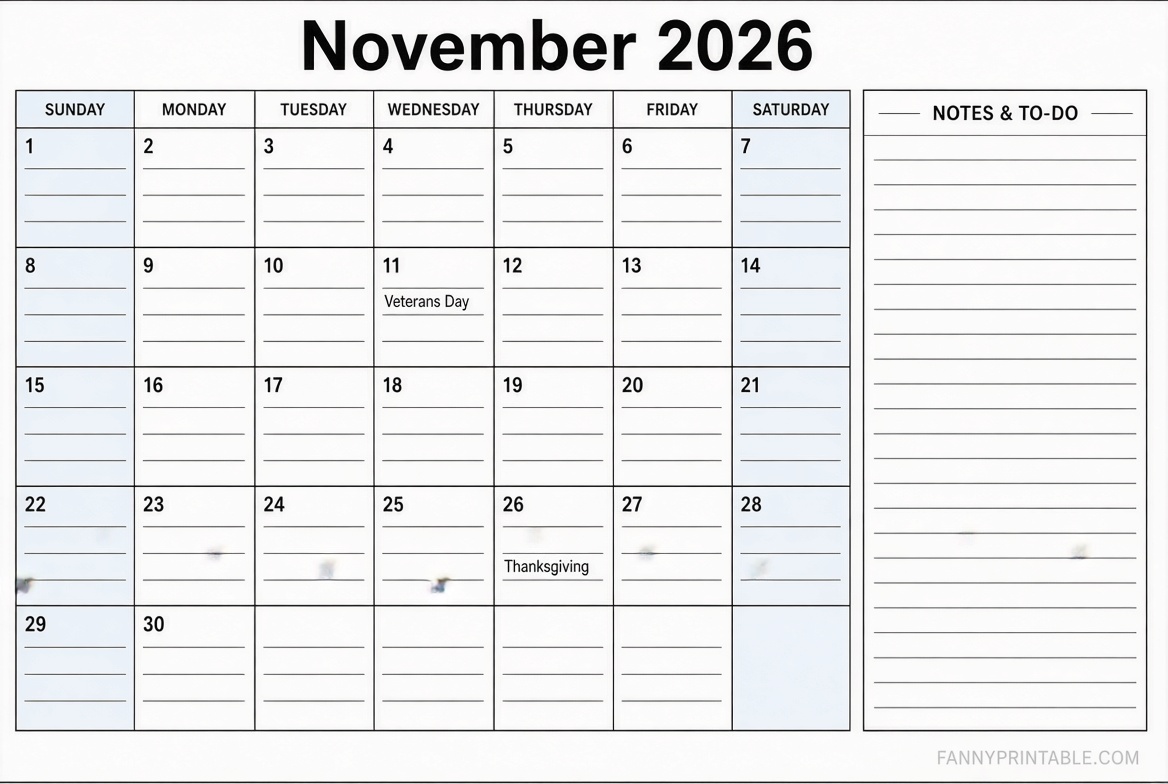 Free November 2026 Calendar Printable With Lines