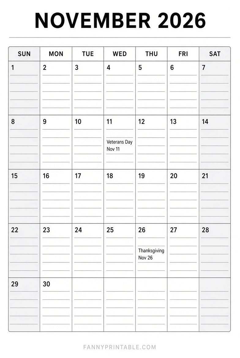 Free November 2026 Calendar Printable With Lines