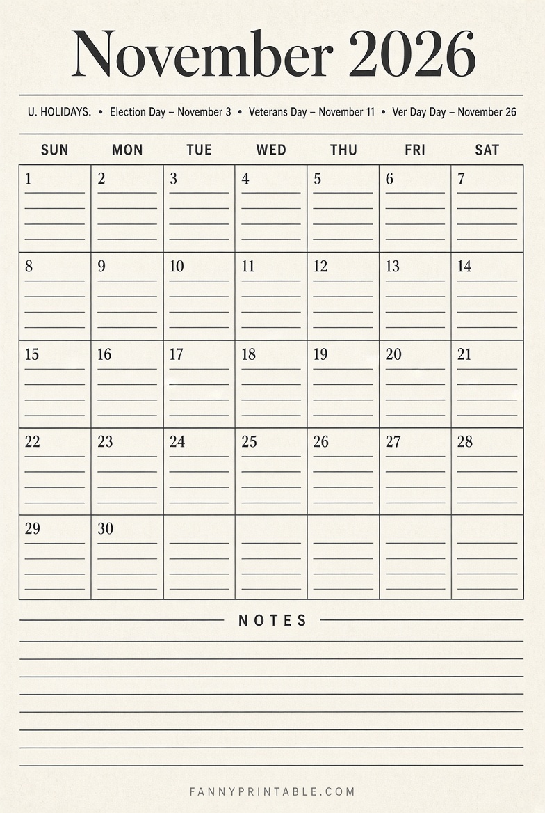 Free November 2026 Calendar Printable With Lines