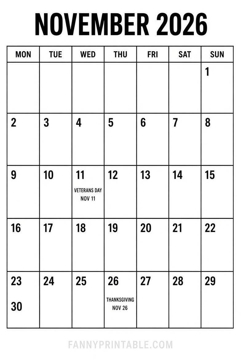 Free November 2026 Monday Start Calendar Printable