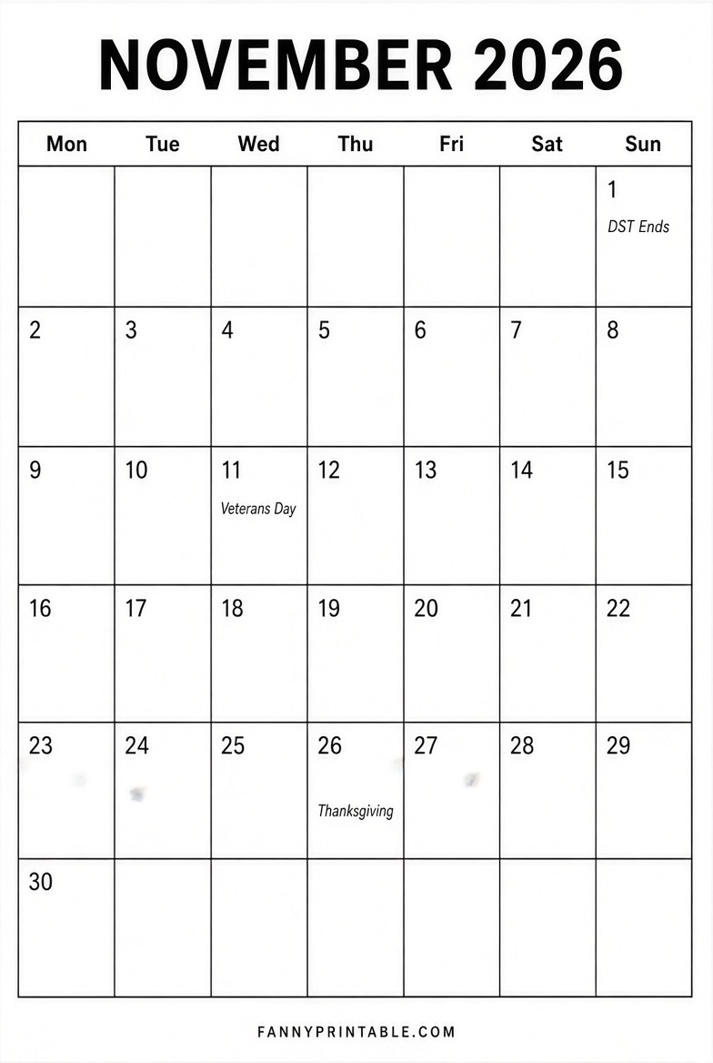 Free November 2026 Monday Start Calendar Printable