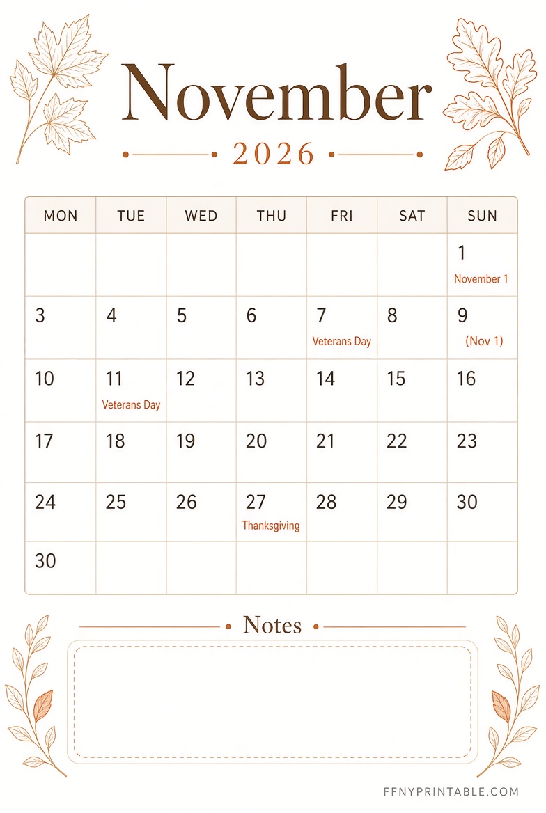 Free November 2026 Monday Start Calendar Printable