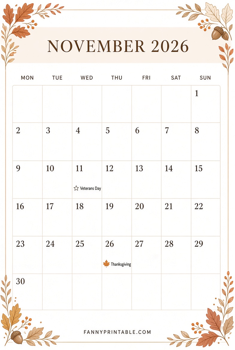 Free November 2026 Monday Start Calendar Printable