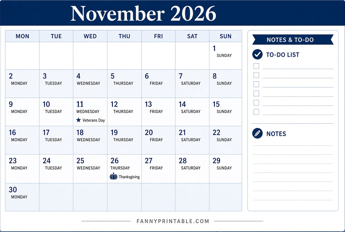 Free November 2026 Monday Start Calendar Printable