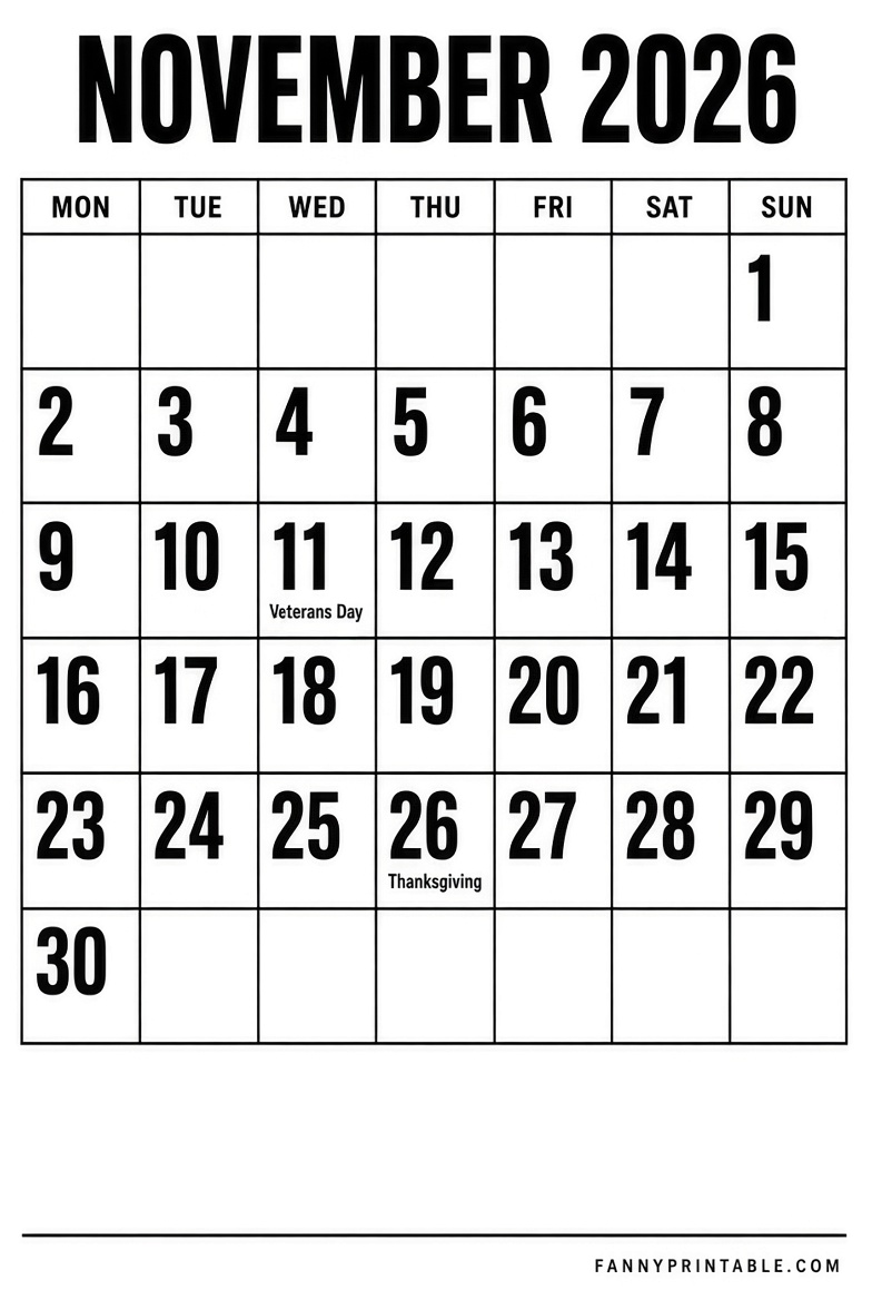 Free November 2026 Monday Start Calendar Printable