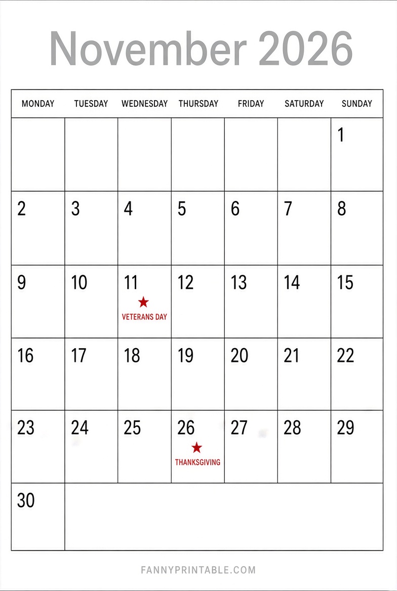 Free November 2026 Monday Start Calendar Printable