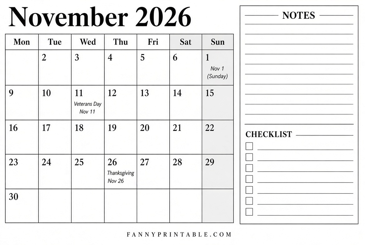 Free November 2026 Monday Start Calendar Printable