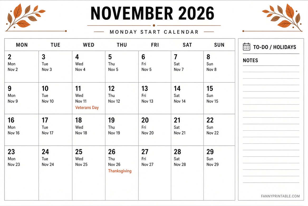 Free November 2026 Printable Calendar PDF