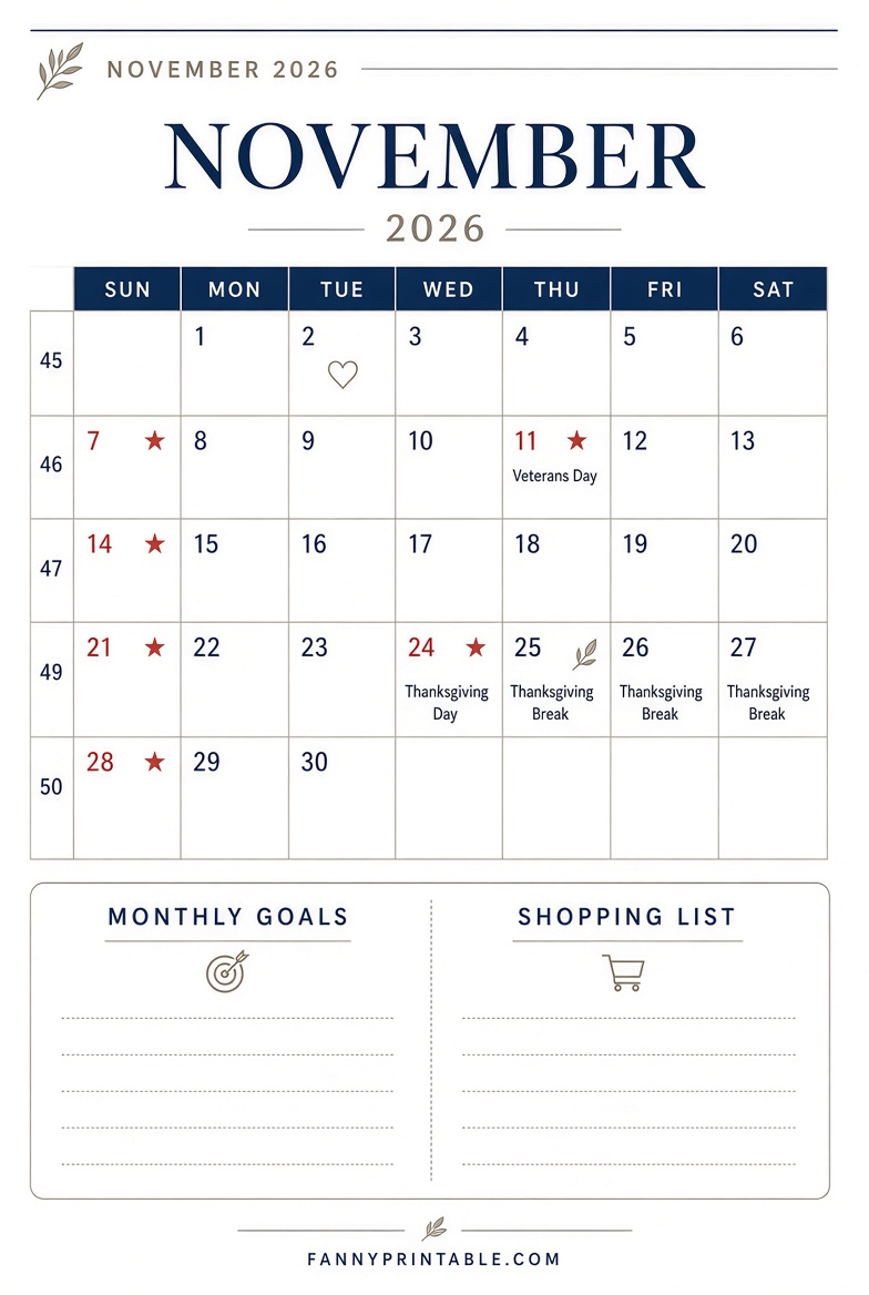 Free November 2026 Printable Calendar PDF