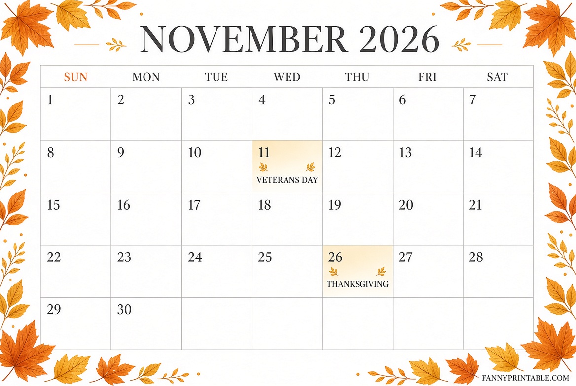 Free Printable November 2026 Calendar PDF