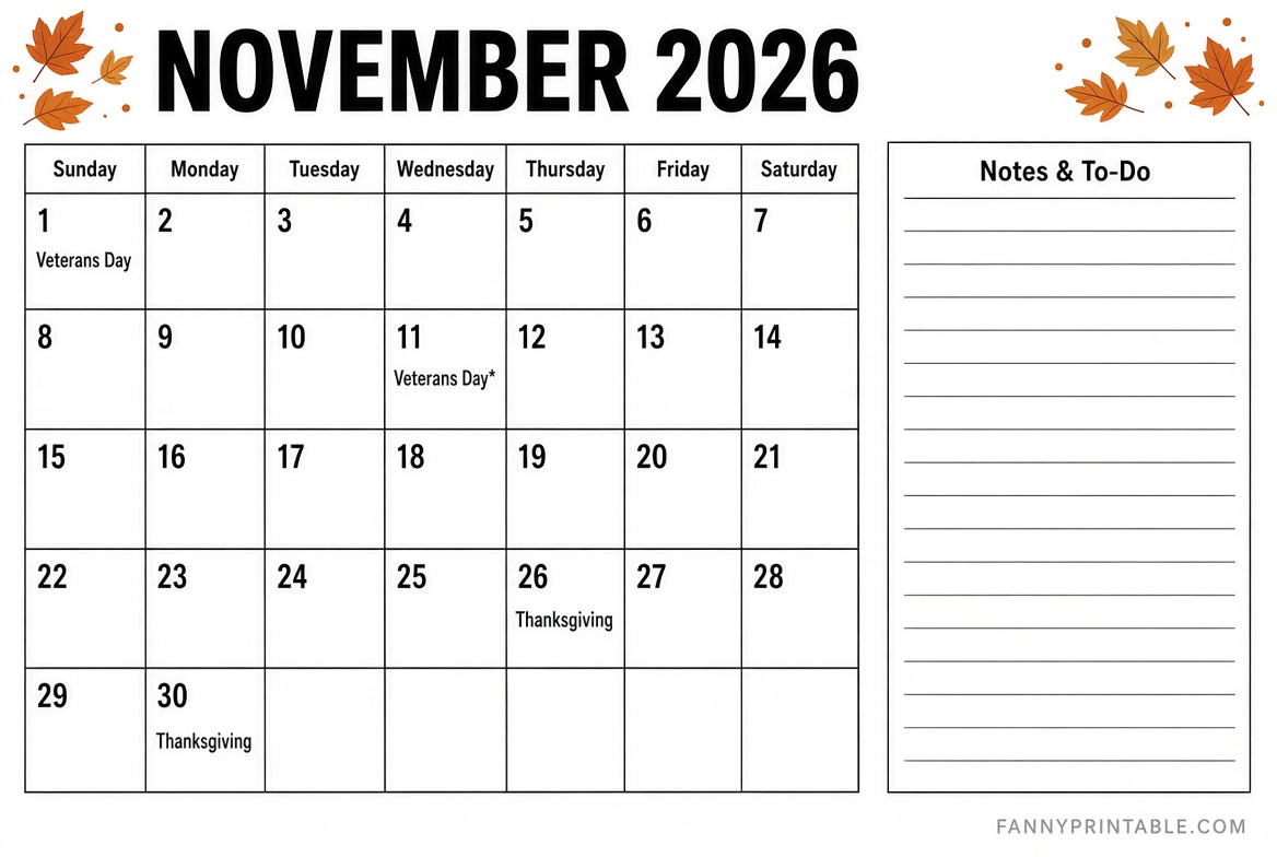 Free November 2026 Printable Calendar PDF 10 Free November 2026 Printable Calendar PDF