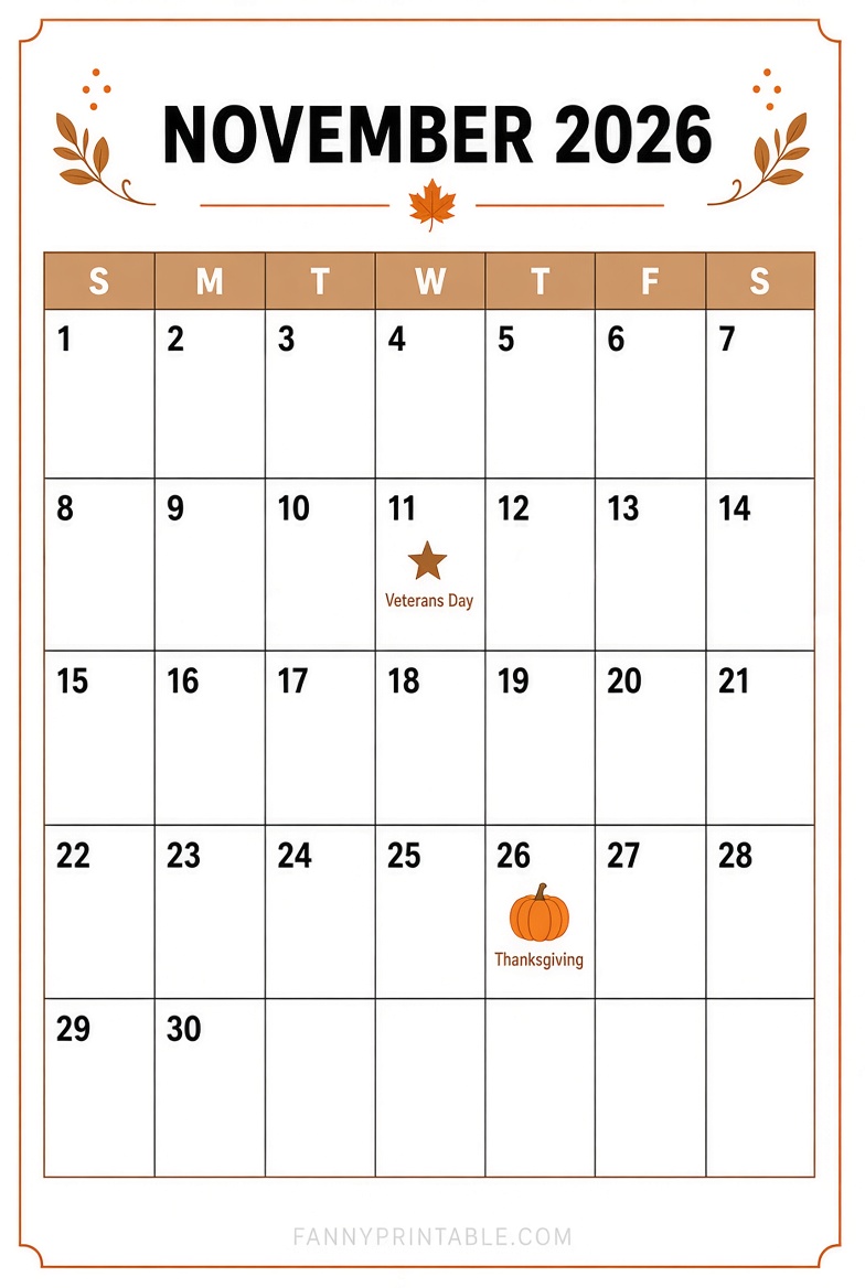 Free November 2026 Printable Calendar PDF 11 Free November 2026 Printable Calendar PDF