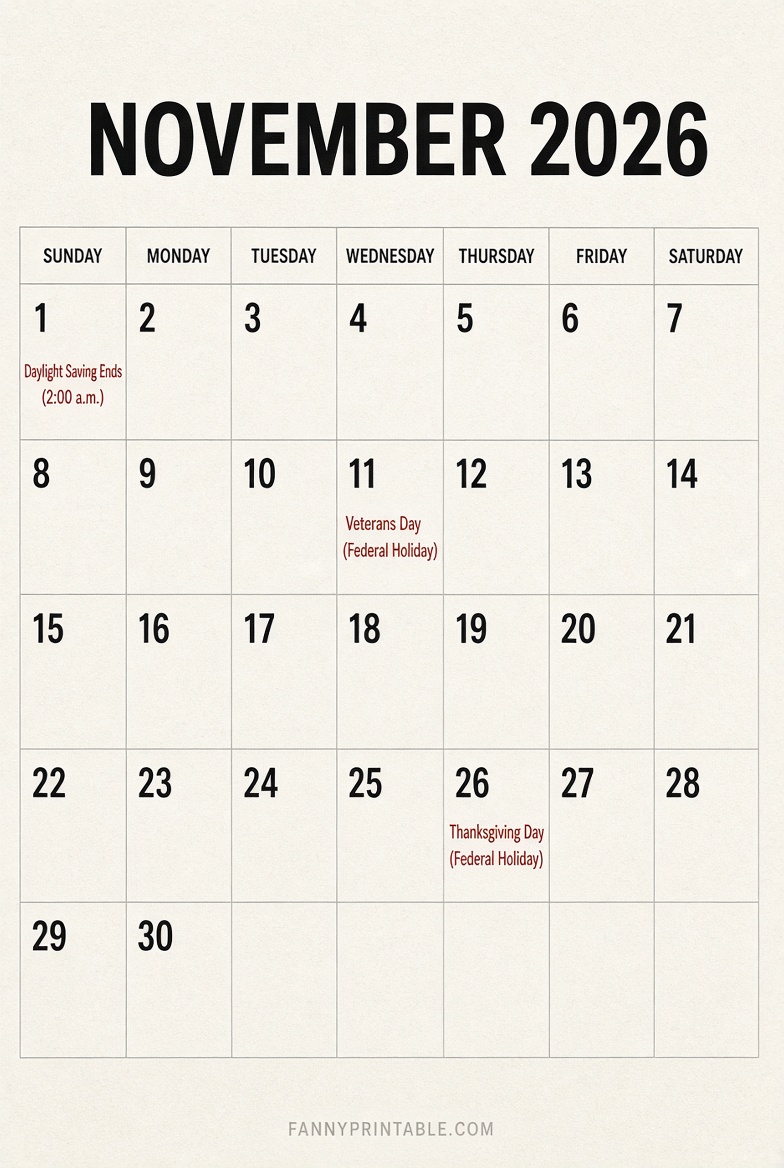 Free November 2026 Printable Calendar PDF