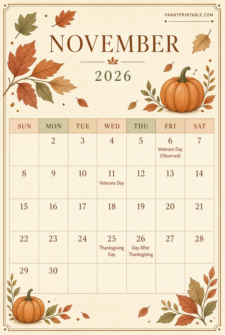 Free November 2026 Printable Calendar PDF