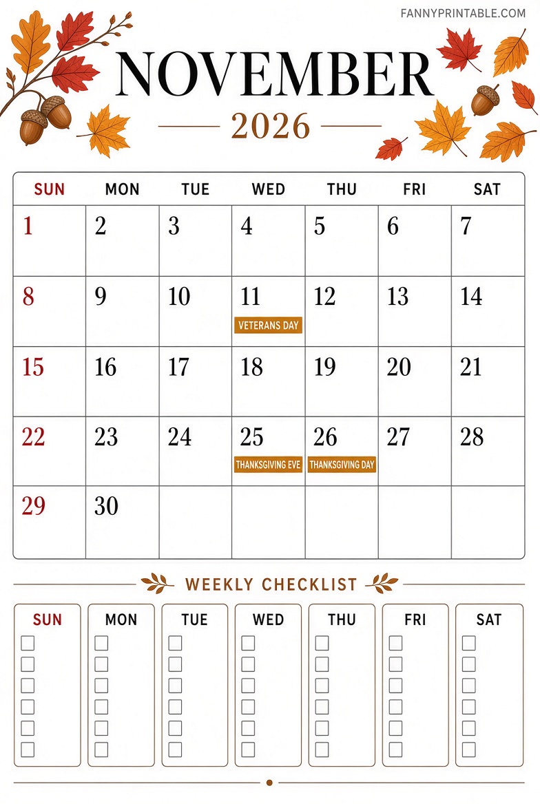 Free Printable November 2026 Calendar PDF