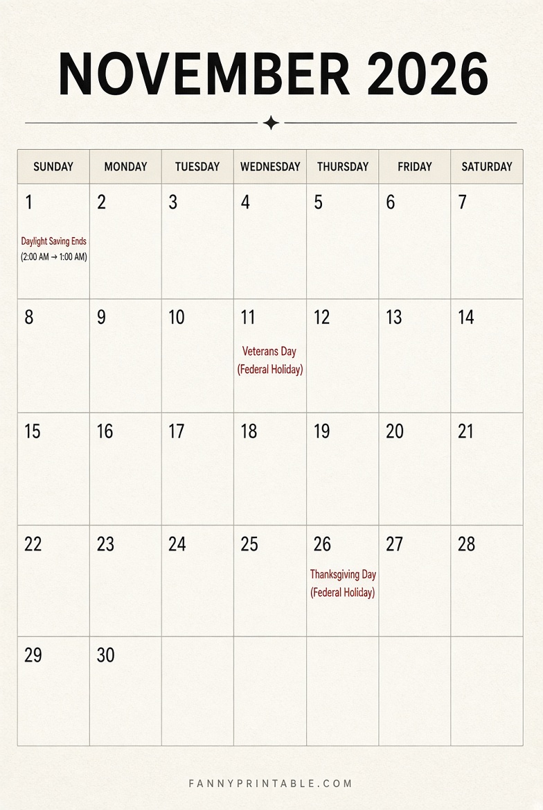 Free November 2026 Printable Calendar PDF 3 1 Free Printable November 2026 Calendar PDF