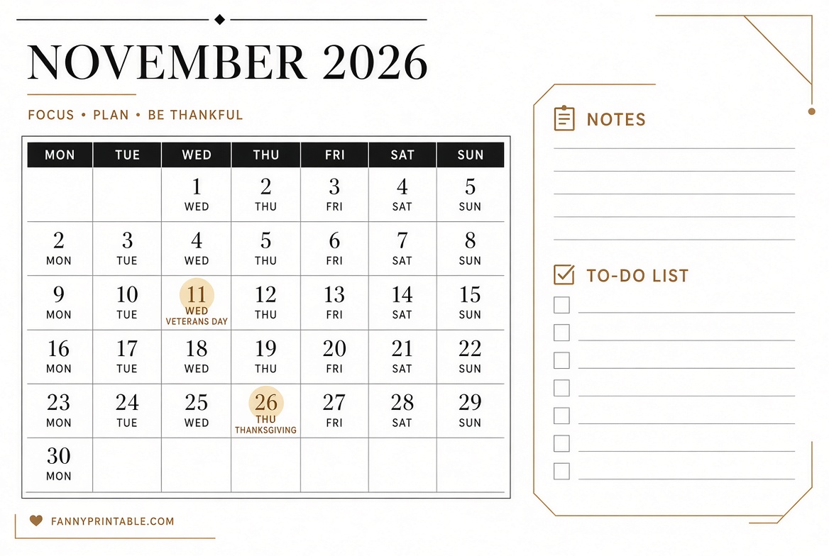 Free November 2026 Printable Calendar PDF