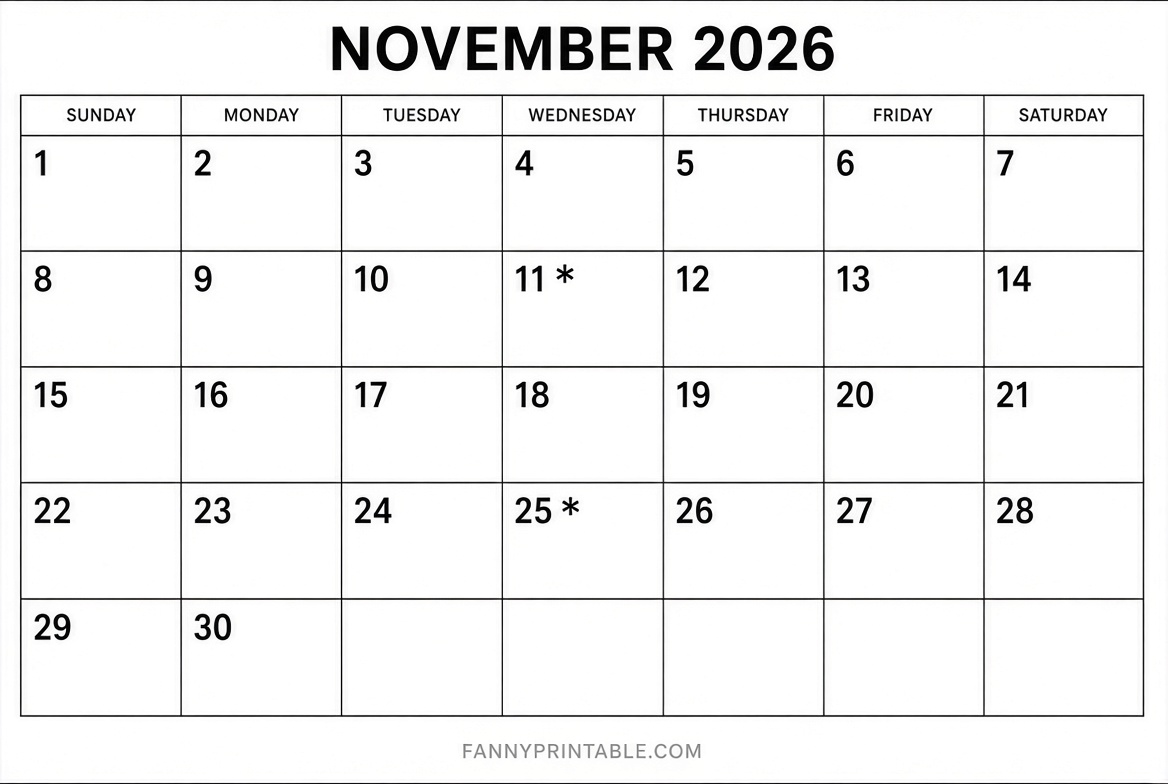 Free Printable November 2026 Calendar PDF