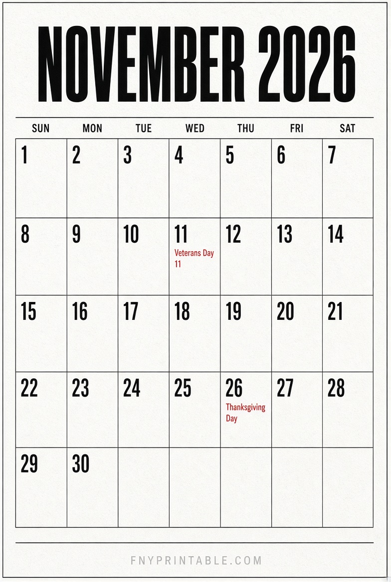 Free November 2026 Printable Calendar PDF 4 1 Free Printable November 2026 Calendar PDF