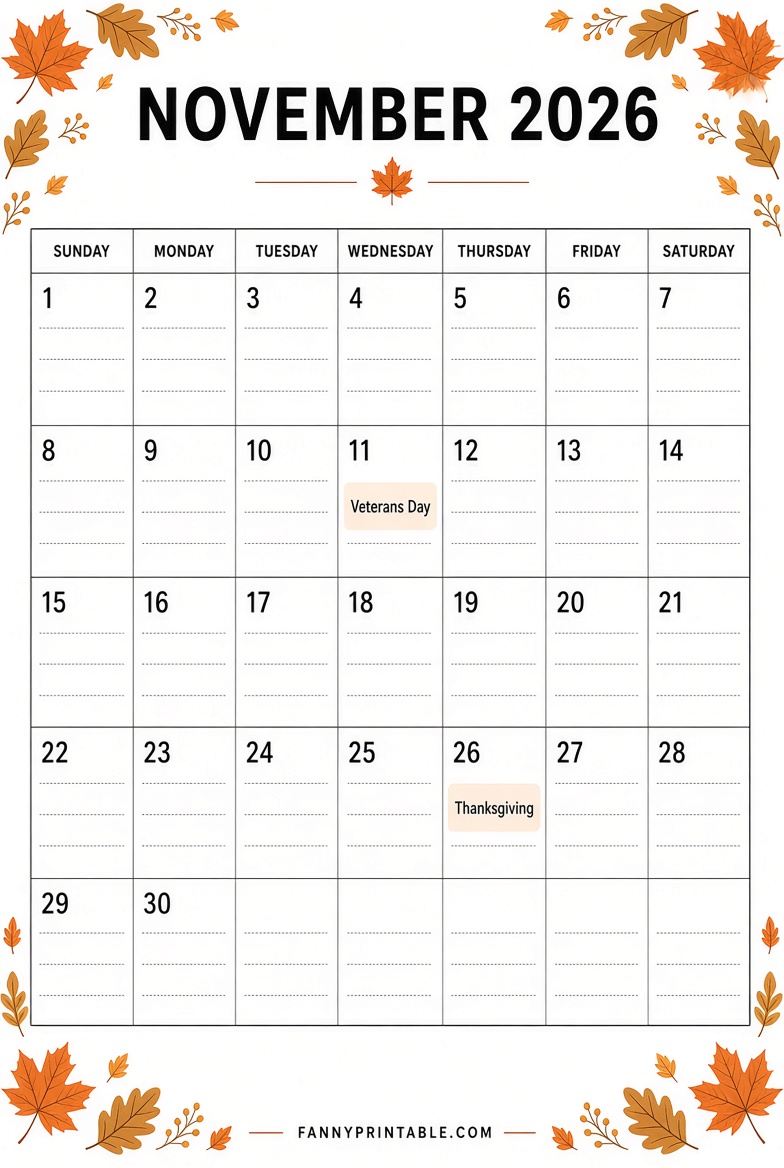 Free November 2026 Printable Calendar PDF