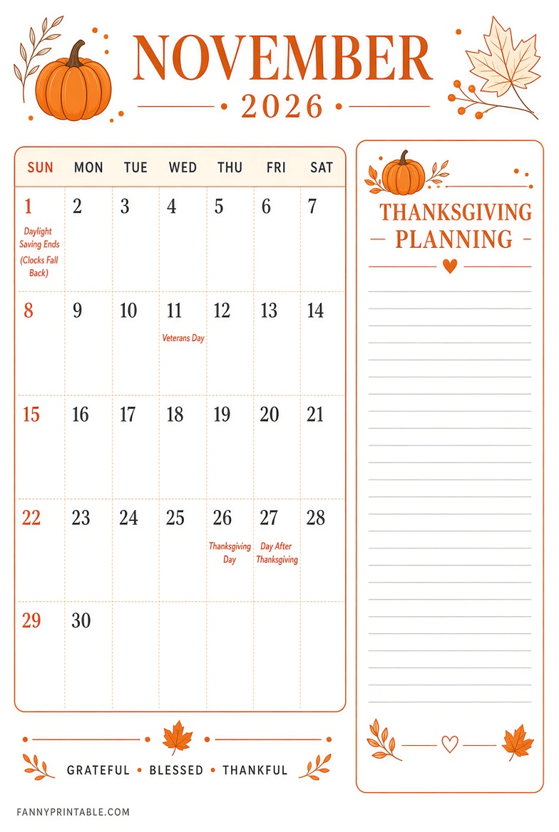 Free Printable November 2026 Calendar PDF