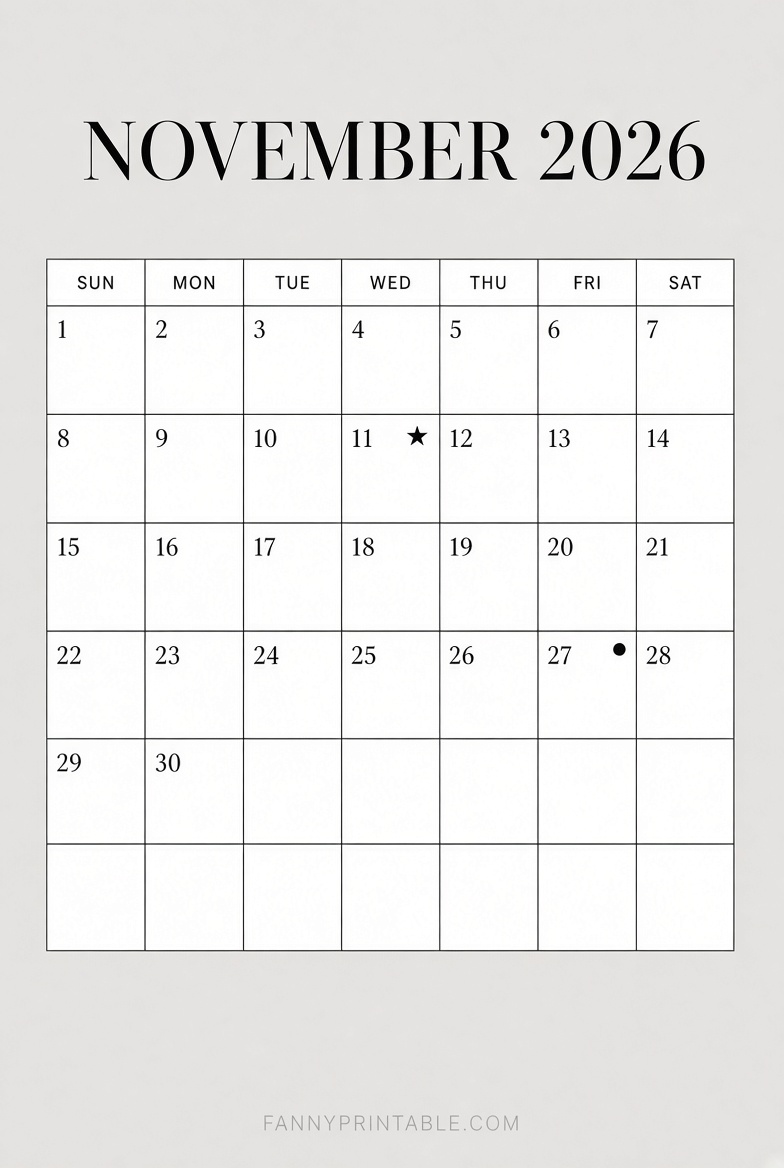 Free November 2026 Printable Calendar PDF 5 1 Free Printable November 2026 Calendar PDF
