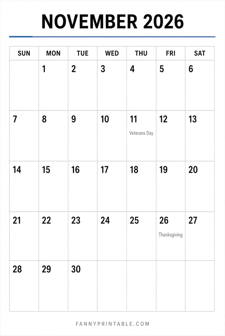 Free November 2026 Printable Calendar PDF 6 1 Free Printable November 2026 Calendar PDF