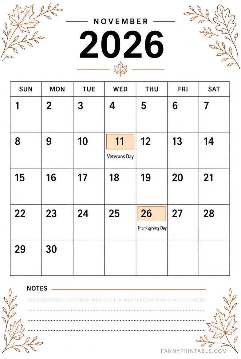 Free Printable November 2026 Calendar PDF