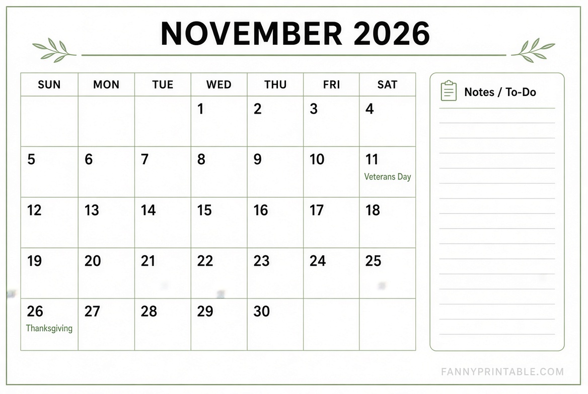 Free November 2026 Printable Calendar PDF