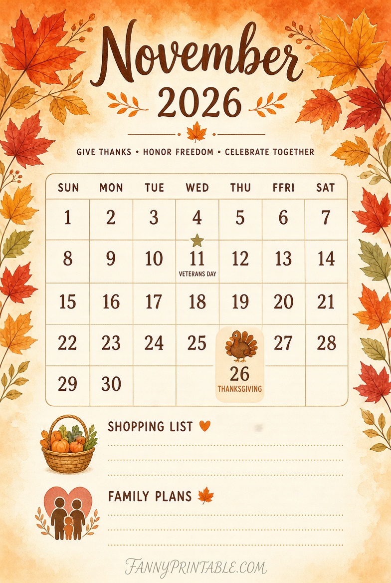 Free Printable November 2026 Calendar PDF