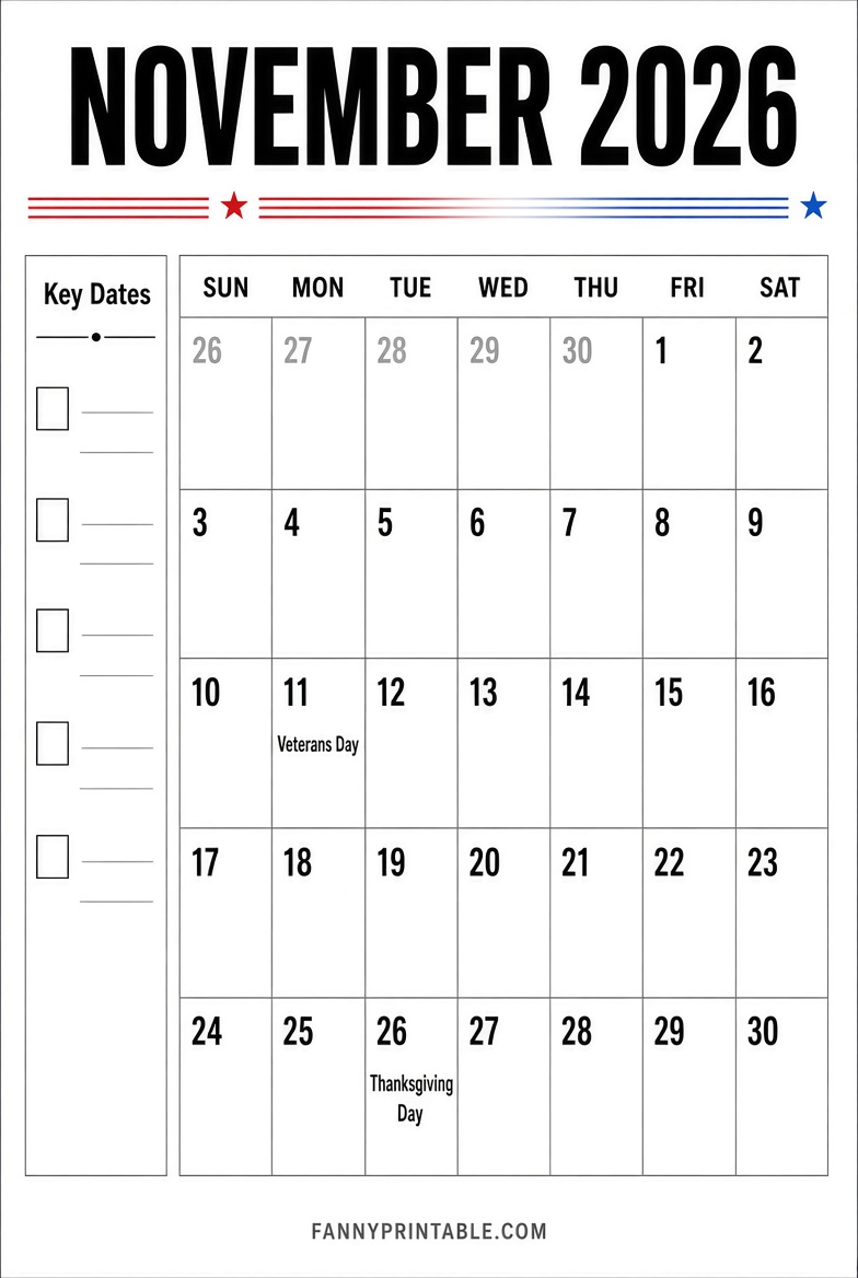 Free November 2026 Printable Calendar PDF