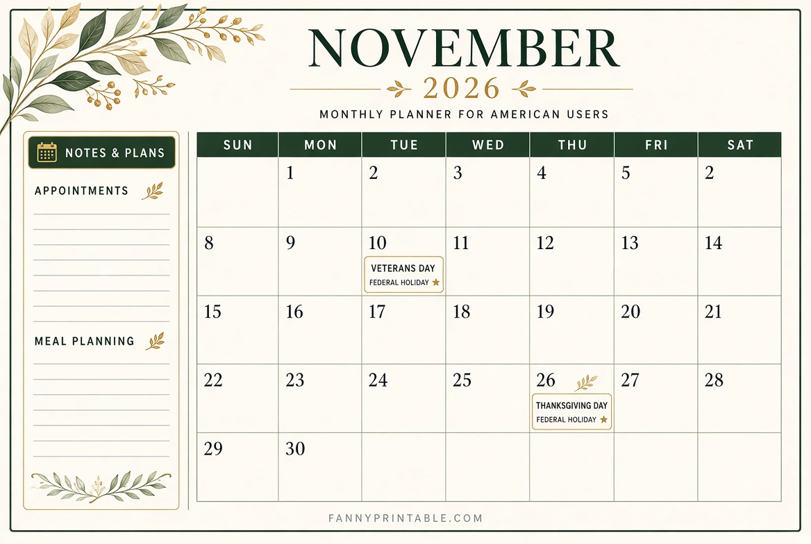 Free November 2026 Printable Calendar PDF 8 Free November 2026 Printable Calendar PDF