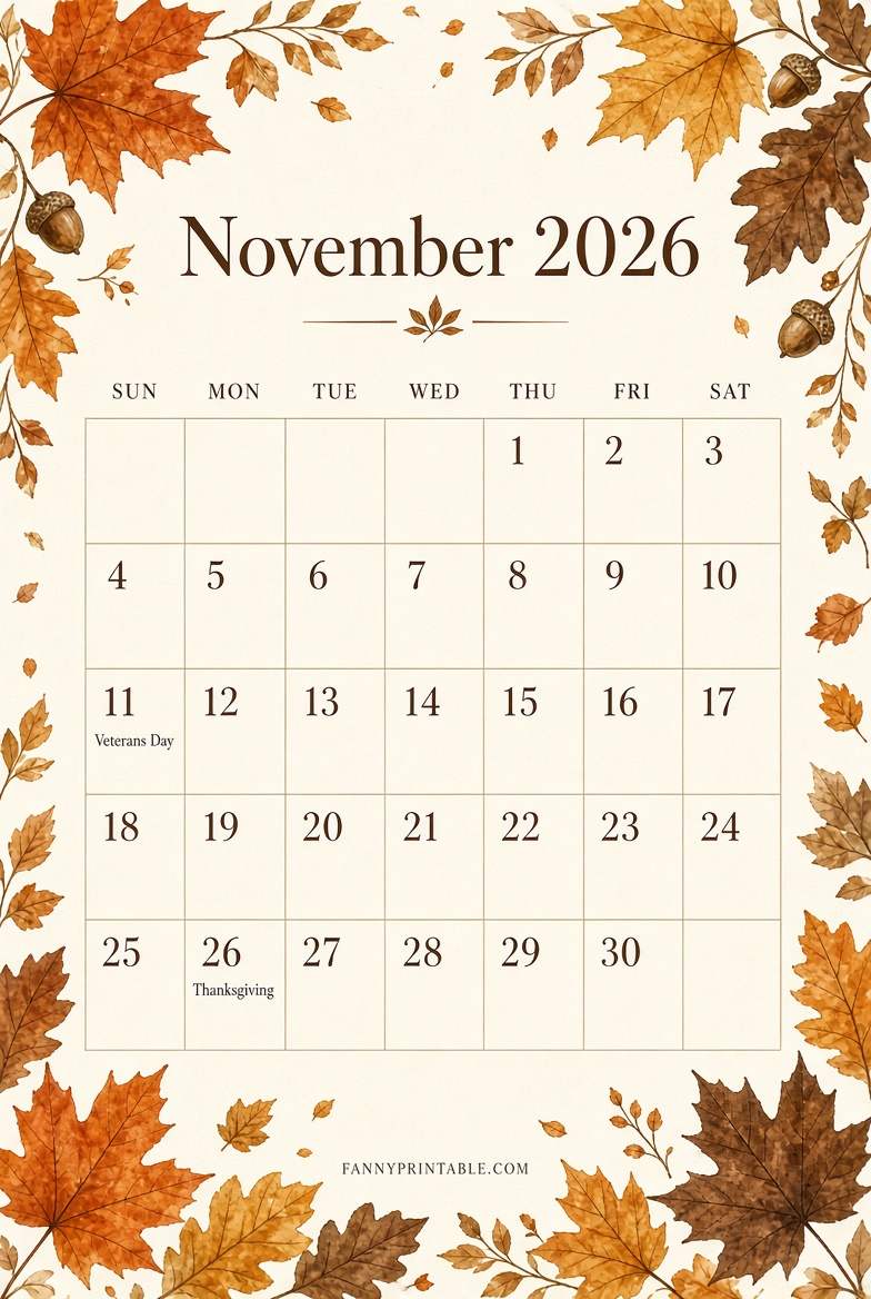Free November 2026 Printable Calendar PDF 9 Free November 2026 Printable Calendar PDF