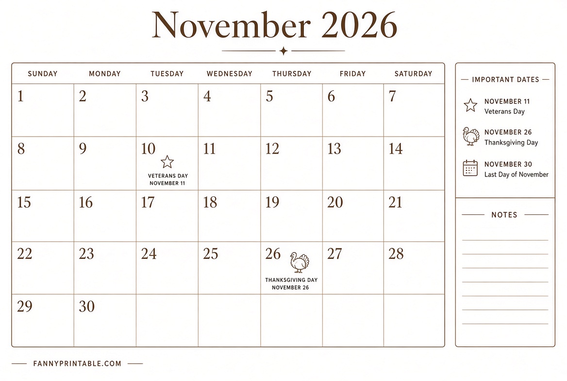Free November 2026 Calendar Printable PDFs
