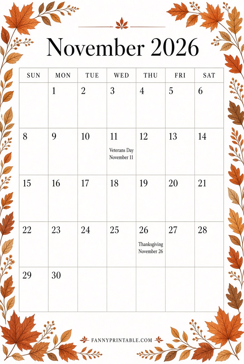 Free November 2026 Calendar Printable PDFs