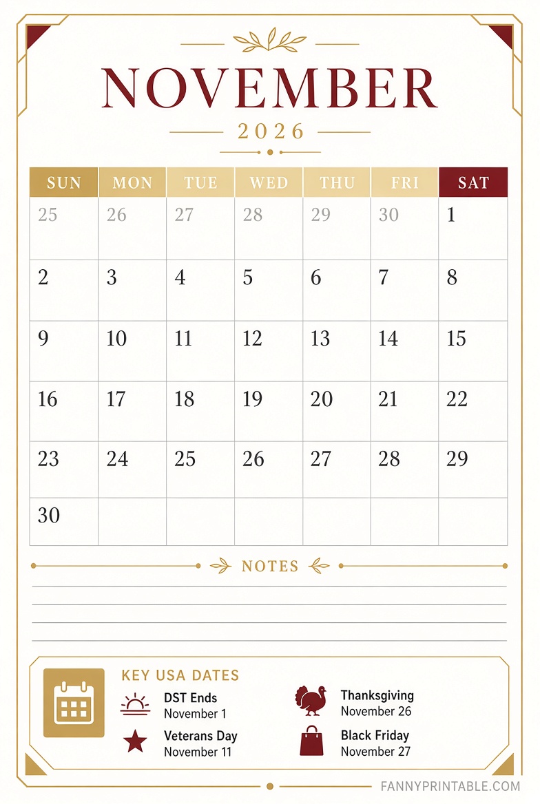Free November 2026 Calendar Printable PDFs
