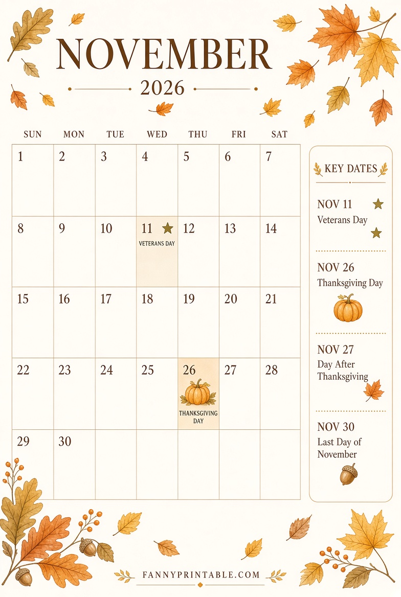 Free November 2026 Calendar Printable PDFs