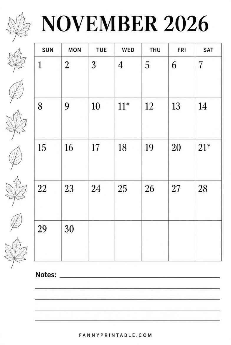Free November 2026 Printable Calendar Printabulls 2 Free November 2026 Printable Calendar Printabulls