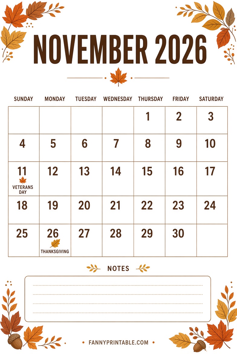 Free November 2026 Printable Calendar USA 1 1 Free November 2026 Printable Calendar USA