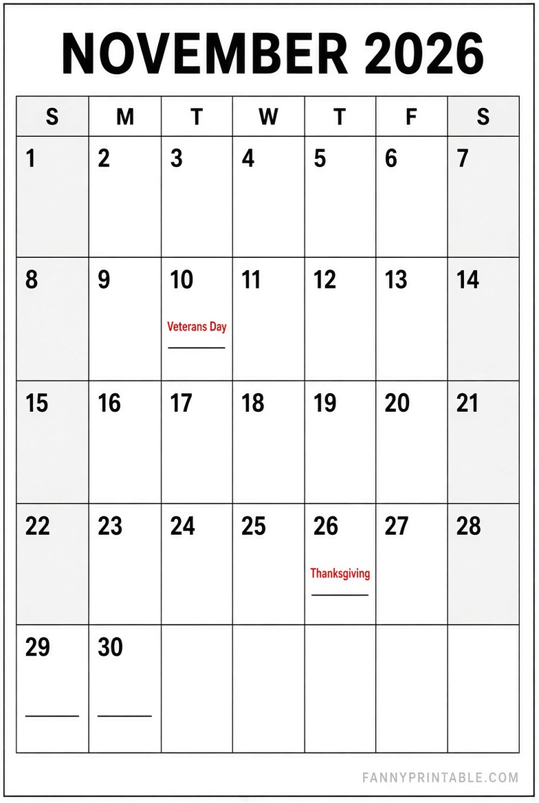 Free November 2026 Printable Calendar (USA)