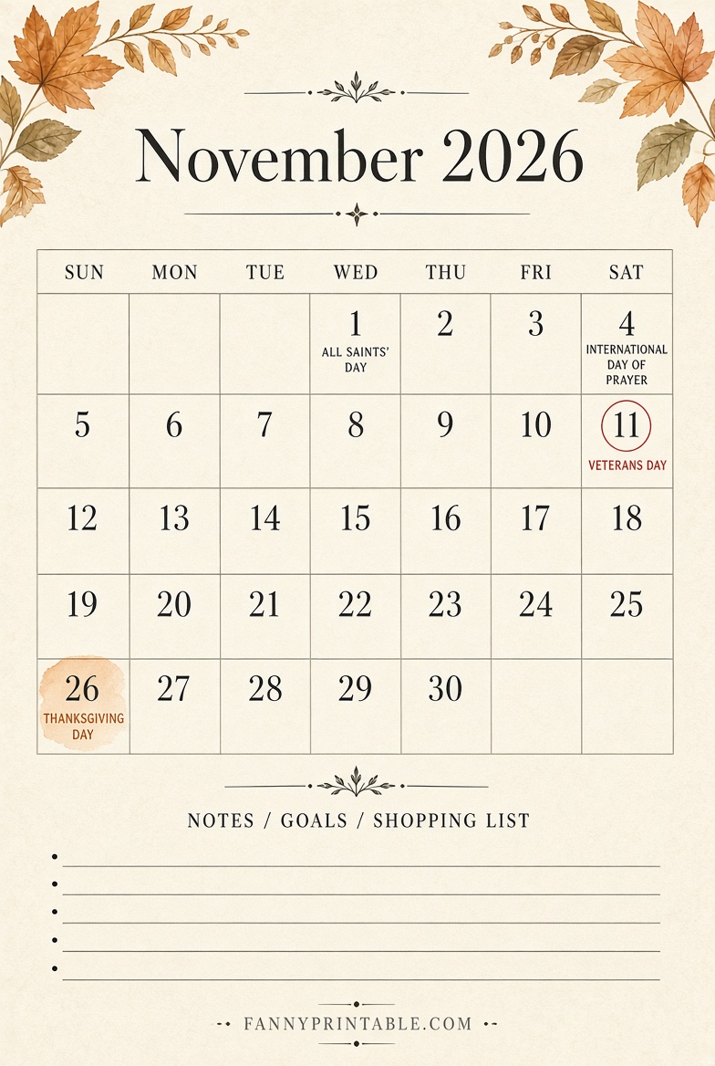Free November 2026 Printable Calendar USA 1