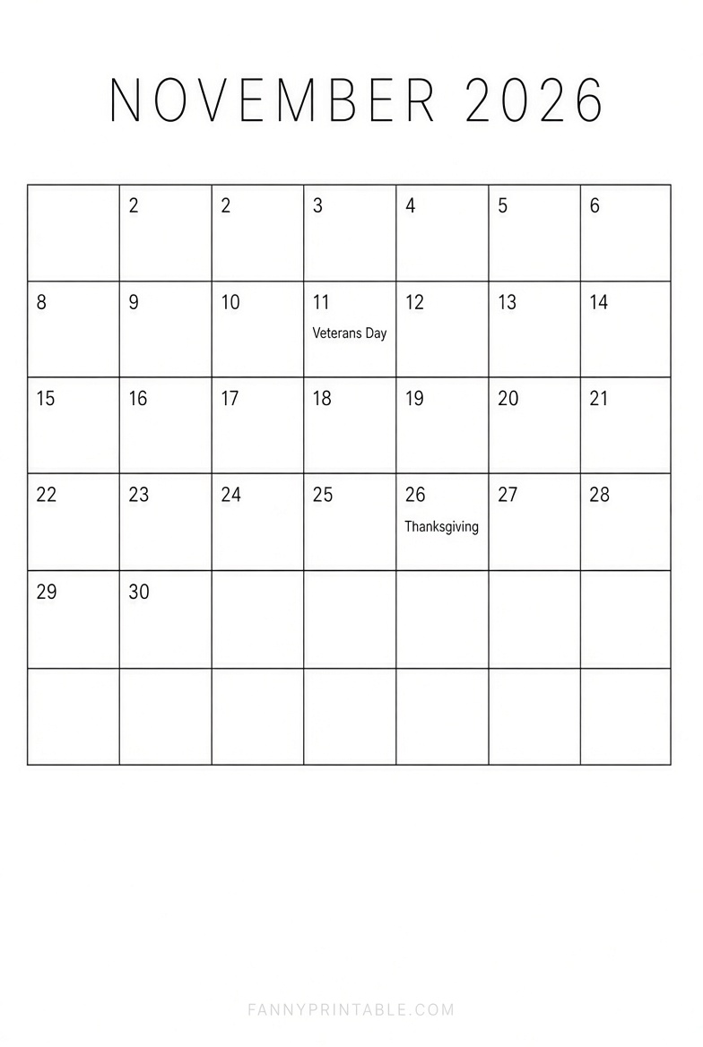 Free November 2026 Printable Calendar (USA)