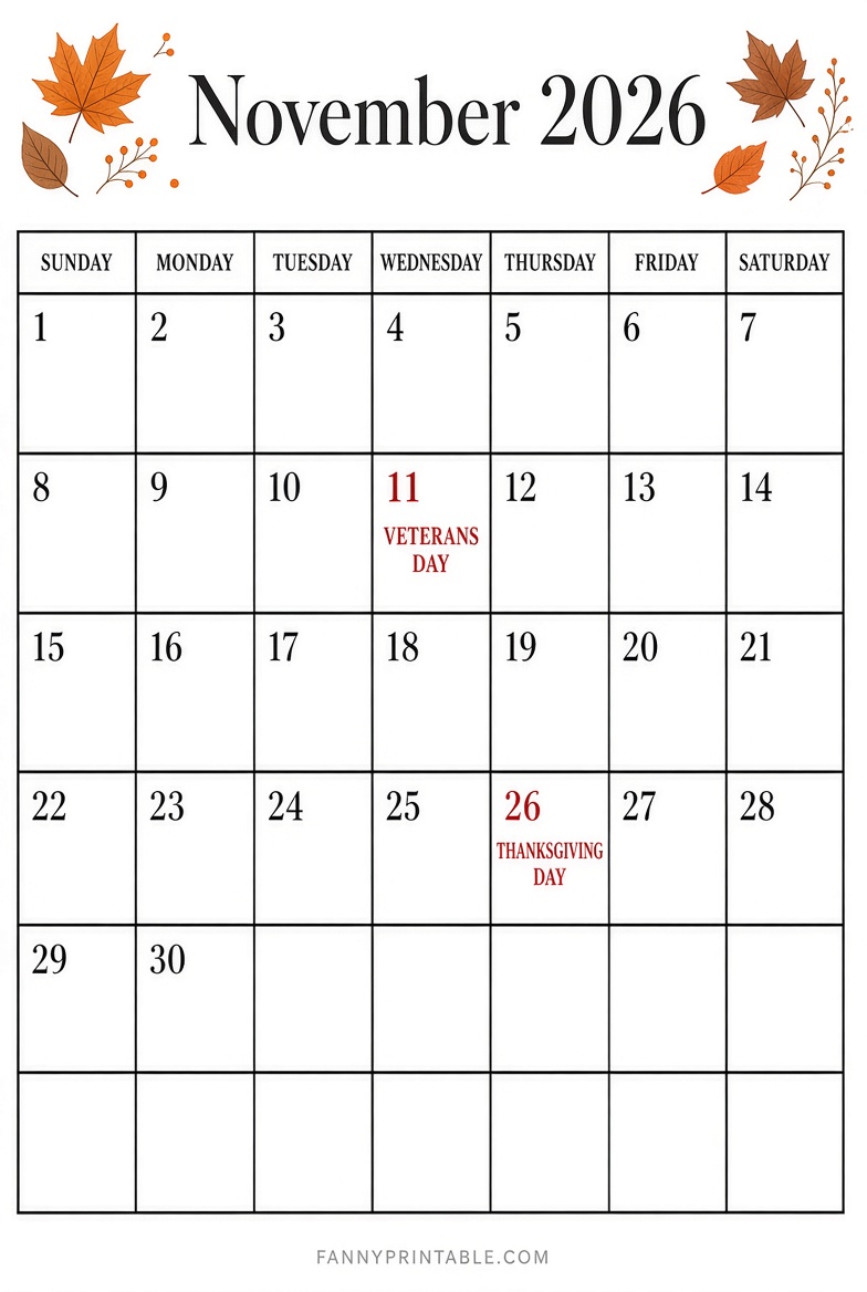 Free November 2026 Printable Calendar USA 2