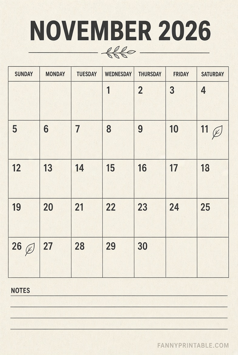 Free November 2026 Printable Calendar (USA)
