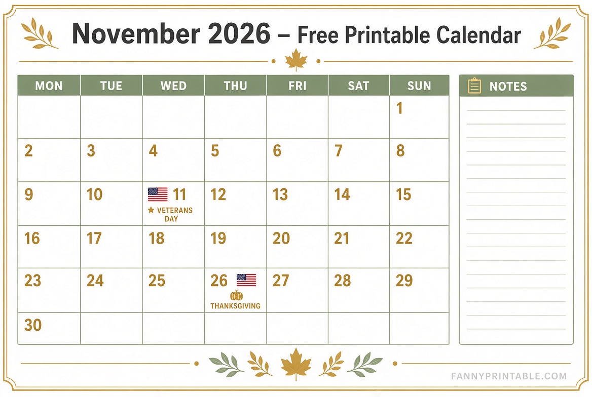 Free November 2026 Printable Calendar USA 3